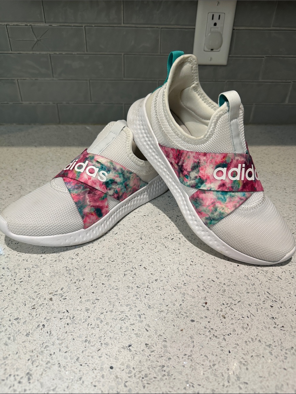 adidas White Slip-On cloud foam Sneakers with Pink and Teal Tie-Dye Strap